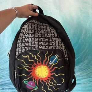 RVCA Black Painted Backpack with Sun and Planet Design